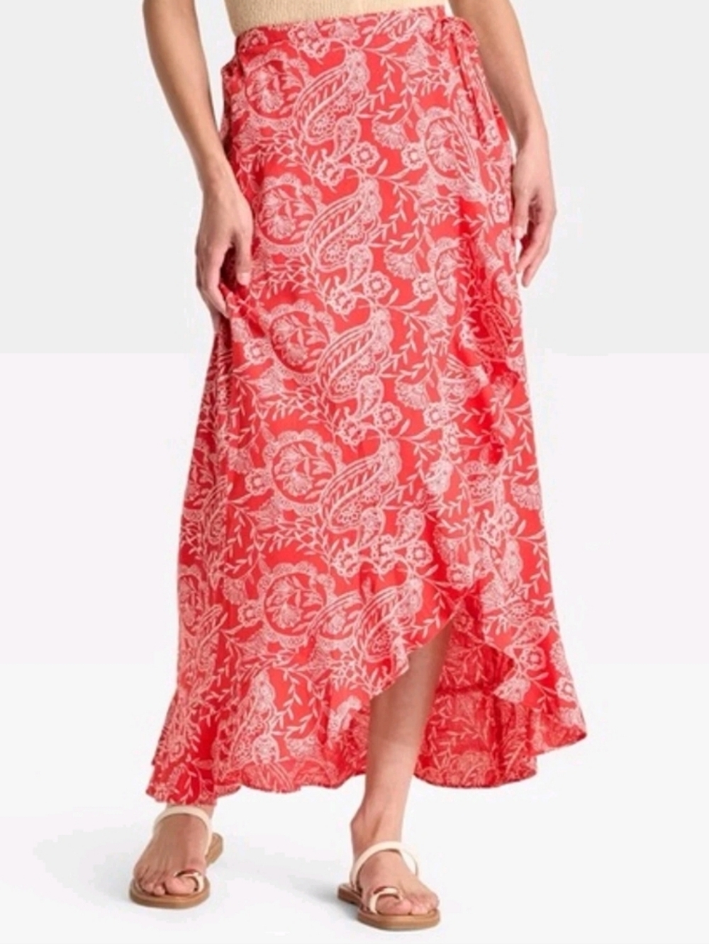 Universal Thread Women's Ruffle Maxi Faux Wrap Skirt Red Floral Paisley Size S